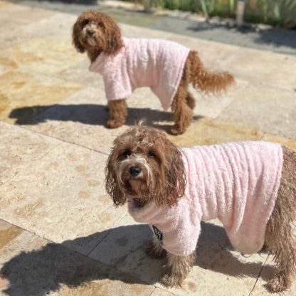 Two small brown dogs standing on a stone patio outdoors, each wearing a light pink fleece pet towel.